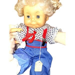 16" 1990's Vintage Sweet Little Stuffed Body Baby Doll In Cute Overalls